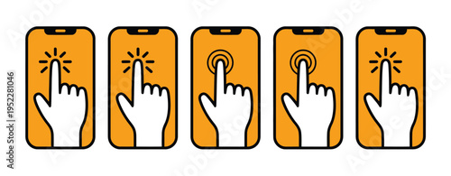 Smartphone touch screen finger gestures icons, hand drawn vector illustrations of tap, swipe, scroll, drag, and pinch gestures, cartoon style for mobile UI, interaction, and user experience design 