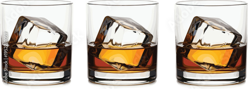 Whiskey glasses with ice cubes vector illustration, realistic beverage design for bar menu, alcohol branding, cocktail graphics, and drink presentation concepts