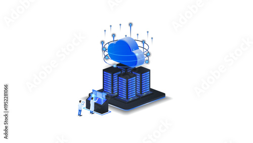 Cloud computing isometric vector illustration. Cloud data center with engineer server and digital infrastructure technology.