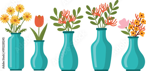 Turquoise vases with colorful flower arrangements, floral decoration vector illustration for home decor, seasonal design, botanical art, and interior styling