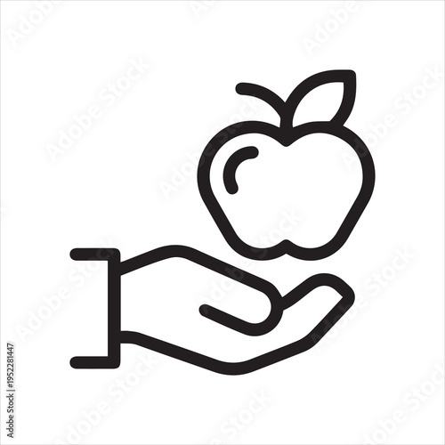 Thin outline icon human hand gives an apple. Such line sign as volunteer food, charity grocery, humanitarian assistance. Vector isolated pictogram on white background editable stroke.