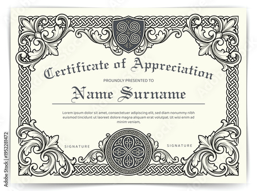 Vintage Certificate of Appreciation Template with Ornate Baroque Border and Gothic Typography