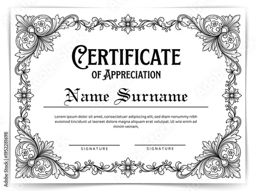 Vintage Certificate of Appreciation Template with Ornate Baroque Border and Gothic Typography