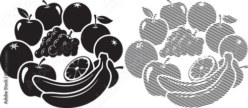 Abstract fruit patterns showcasing bananas, apples, and berries in stylized designs