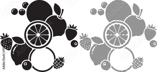 Surreal abstract composition of fruits and bicycles in a whimsical pattern design