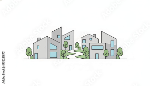 Modern residential area vector illustration. Minimalist line art of houses in a suburban neighborhood. Real estate and community concept graphic