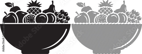 Contrast of traditional and modern fruit bowl designs in black and white illustration