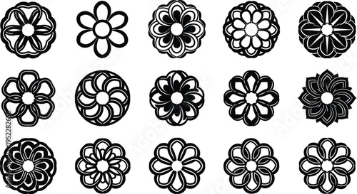 Collection of fifteen black and white floral ornamental patterns decorative