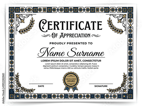 Vintage Certificate of Appreciation Template with Ornate Baroque Border and Gothic Typography