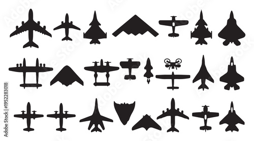 airplane silhouettes collection, aircraft vector icons, aviation silhouettes set, flying airplane shapes, transport aircraft bundle, travel plane icons, black airplane silhouettes