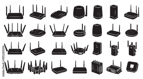 wifi router silhouettes set, internet device icons, networking equipment vector, wireless router collection, technology hardware silhouettes, modem router bundle, black wifi icons
