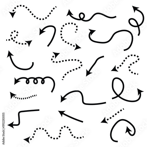  Doodle arrow set  curves, dots, wavy lines. black, red, green doodle arrow Hand-drawn dash arrow collection. Dotted lines, dashed curves, white background,  EPS10