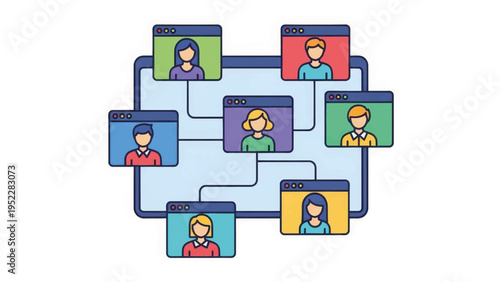 Online meeting and remote work concept illustration. Flat cartoon design of a virtual team collaboration. People connected in a digital network for a video conference