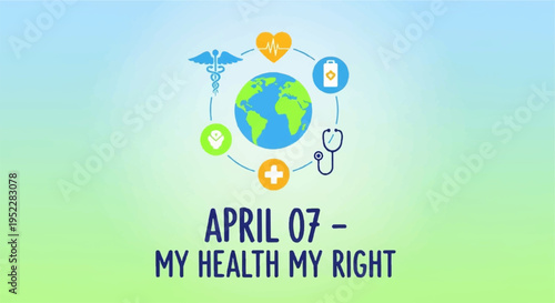World health day poster with globe and medical symbols on blue green background