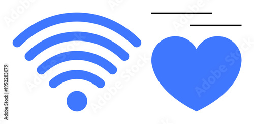 Technology, communication, healthcare, networks, digital connection, innovation. A blue wireless signal icon next to a blue heart with motion lines. Technology and communication concept visually