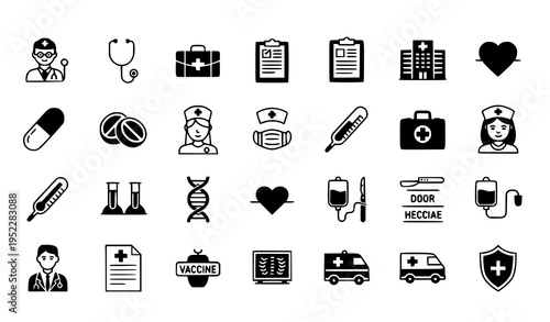 Doctor Glyph Solid Icons with Medical Healthcare Hospital and Treatment Symbols Vector
