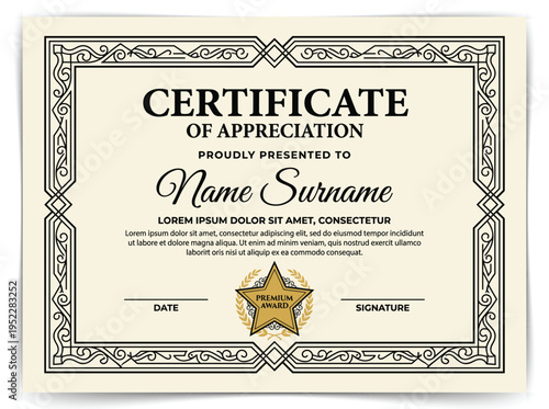Vintage Certificate of Appreciation Template with Ornate Baroque Border and Gothic Typography