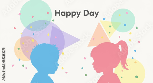 Silhouettes of happy children celebrating with colorful balloons and confetti