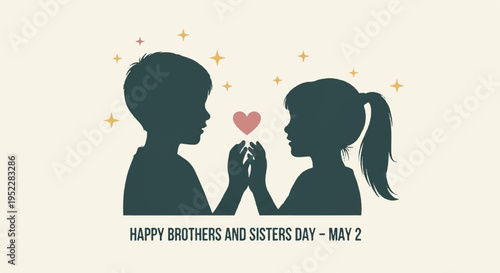 Brother and sister sharing a heartwarming moment with a pink heart symbol silhouettes against a beige background with sparkles