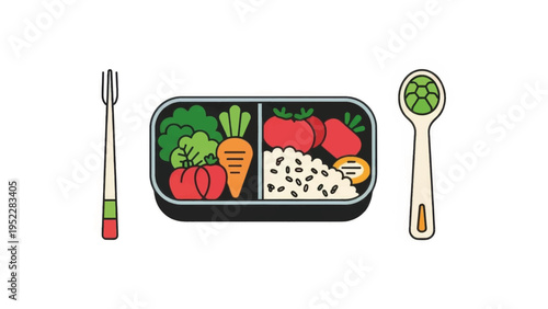 A healthy Japanese bento box lunch illustration. Flat cartoon design with fresh vegetables, rice, and cutlery. Meal prep and balanced diet concept vector