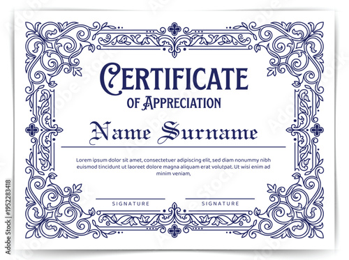 Vintage Certificate of Appreciation Template with Ornate Baroque Border and Gothic Typography
