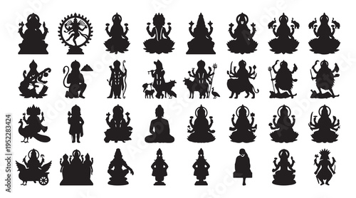 buddha statue icons, meditation yoga symbols, spiritual illustration set, asian religion vector, zen silhouette collection, temple sculpture clipart, mindfulness icon bundle