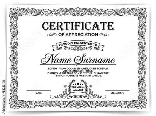 Vintage Certificate of Appreciation Template with Ornate Baroque Border and Gothic Typography