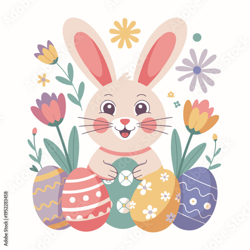 Happy Easter Spring Celebration with Cute Bunny, Colorful Eggs and Floral Vector Illustration