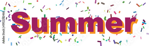 Vibrant purple and orange text spelling Summer stands out with a joyful scattering of colorful confetti
