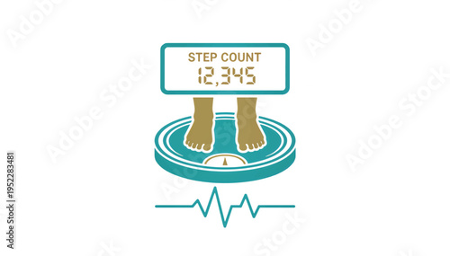 Fitness and health tracking vector icon. Weight scale with step count display and heartbeat pulse line. Flat design illustration for wellness apps