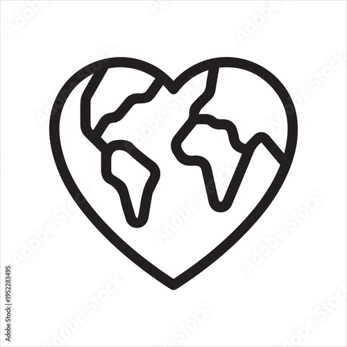 Thin outline icon planet earth in heart symbol. Such line sign as world environment day, community global support, world of love. Vector isolated pictogram on white background editable stroke.