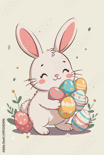 Happy Easter Spring Celebration with Cute Bunny, Colorful Eggs and Floral Vector Illustration