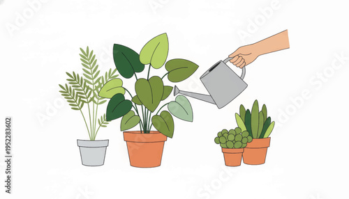 Houseplant care vector illustration. A hand watering potted plants in a minimalist flat design style. Home gardening and slow living concept