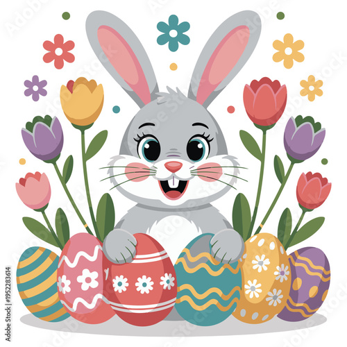 Happy Easter Spring Celebration with Cute Bunny, Colorful Eggs and Floral Vector Illustration