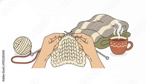 A vector illustration of hands knitting. Cozy home hobby and slow living concept. Line art graphic with yarn and a hot drink