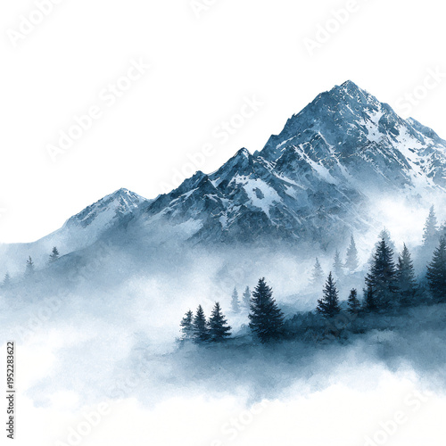 Mountain Landscape with Fog Watercolor Isolated on White Background