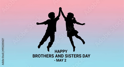 Silhouette of happy siblings jumping high with hands together on brothers and sisters day against a colorful gradient background