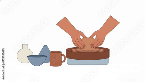 Hands shaping clay on a potter's wheel. Pottery workshop and handmade crafts concept. Flat design vector illustration