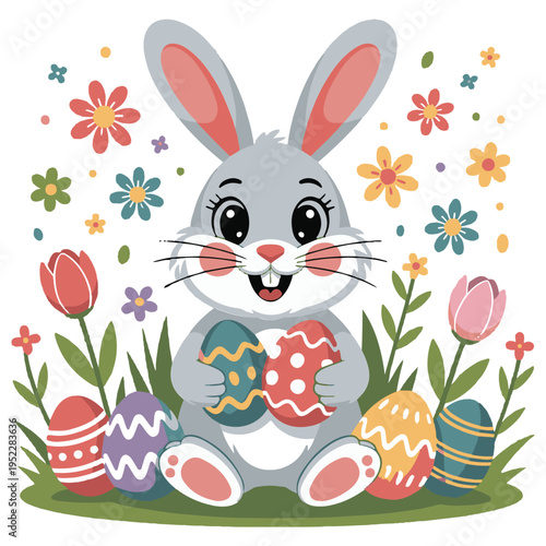 Happy Easter Spring Celebration with Cute Bunny, Colorful Eggs and Floral Vector Illustration