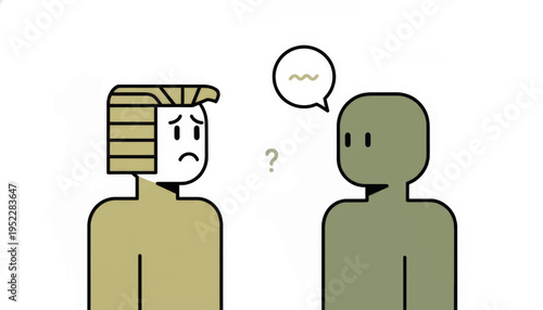 A minimalist illustration of an awkward social moment. Vector graphic depicting communication breakdown and misunderstanding. Confused characters in a flat design style
