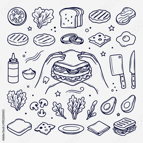 food doodle icons set, hand drawn snacks collection, restaurant sketch elements, fast food illustration, kitchen doodle vector, culinary icons bundle, outline food icons