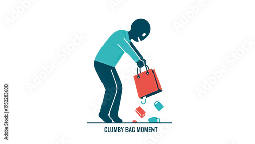Person holding a broken shopping bag with items falling out. Retail accident and clumsiness concept. Flat design vector illustration