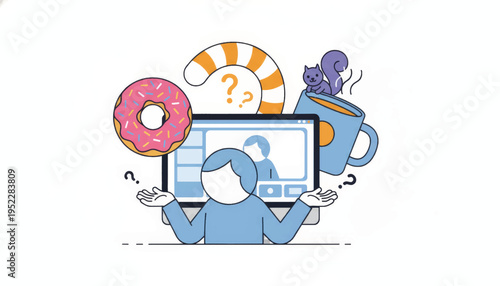 Confused character shrugging at computer screen during video call. Remote work distractions concept with donut and squirrel. Flat design vector illustration