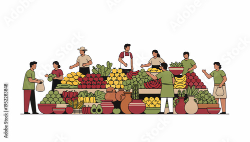 People shopping at a local outdoor market. Flat design vector illustration of vendors and customers with fresh produce. Healthy food and community commerce concept