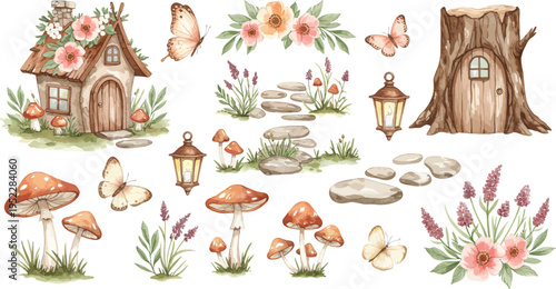 Whimsical illustration of a fairy tale forest with mushrooms houses flowers and lanterns in a magical setting