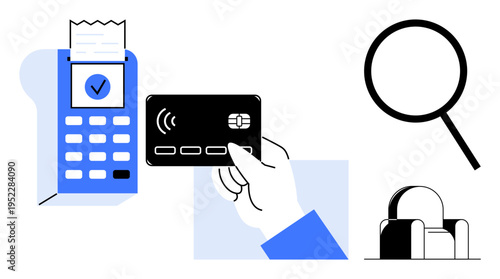 Hand holding a contactless card near a card reader with receipt, magnifying glass for search, and a printer. Ideal for finance, e-commerce, verification, retail, banking, technology simple flat