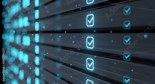 A digital interface showcasing a series of glowing blue checkmark icons on a dark abstract background