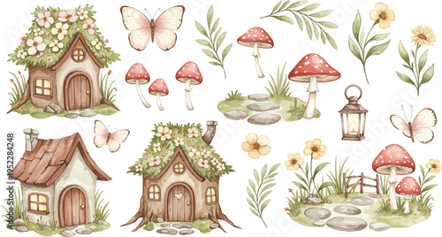 Whimsical illustration of fairy houses and mushrooms in a garden with flowers and lanterns in a fantasy setting