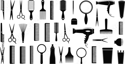 Collection of black and white hairdressing tools and accessories including scissors, combs, brushes, hairdryers, and magnifying glasses