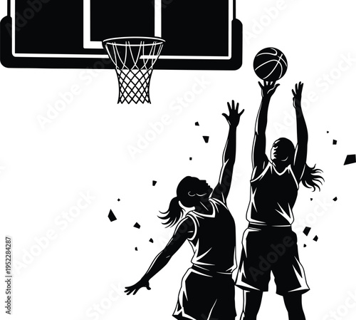 Basketball players silhouette illustration, dynamic sports action artwork, athlete motion concept, competitive game representation, hoop and defense posture design